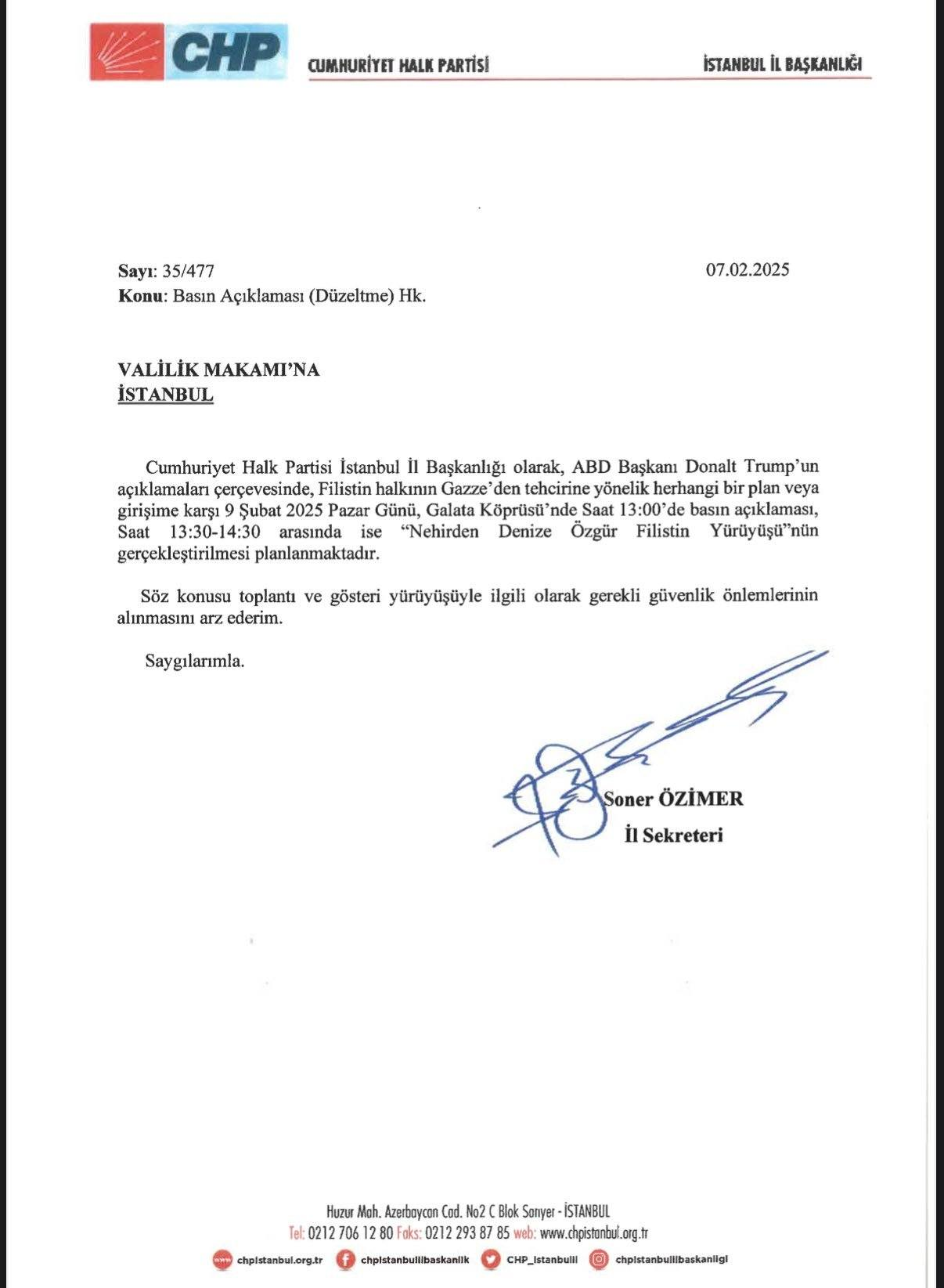 İstanbul Valiliği, CHP'nin Filistin Yürüyüşü Talebini Reddetti