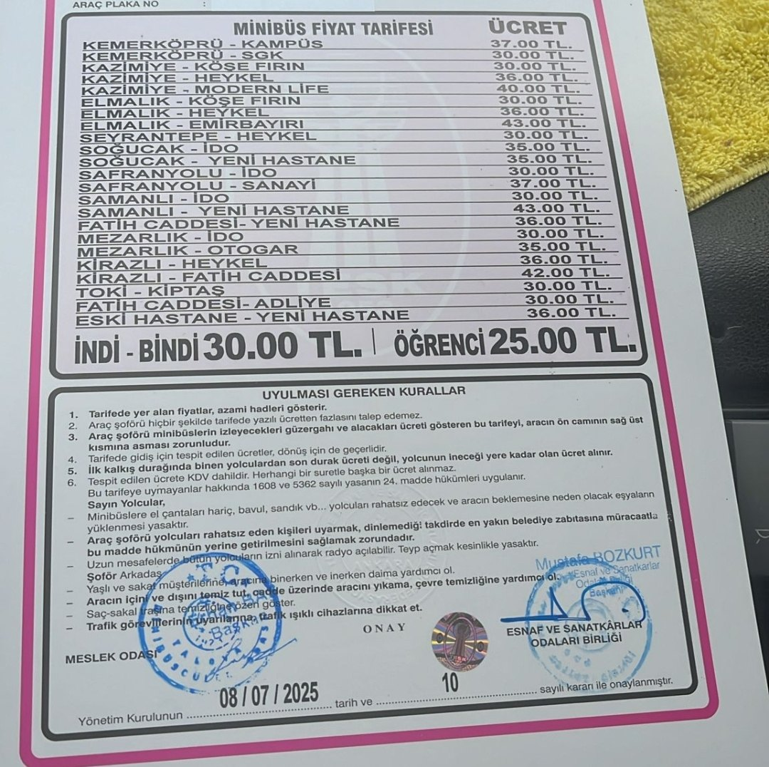 Yalova’da Minibüs Ücretlerine Zam: İşte Yeni Tarifeler
