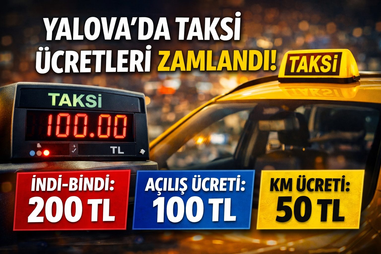 YALOVA’DA TAKSİ ÜCRETLERİNE ZAM: İNDİ-BİNDİ 200 TL, AÇILIŞ 100 TL OLDU