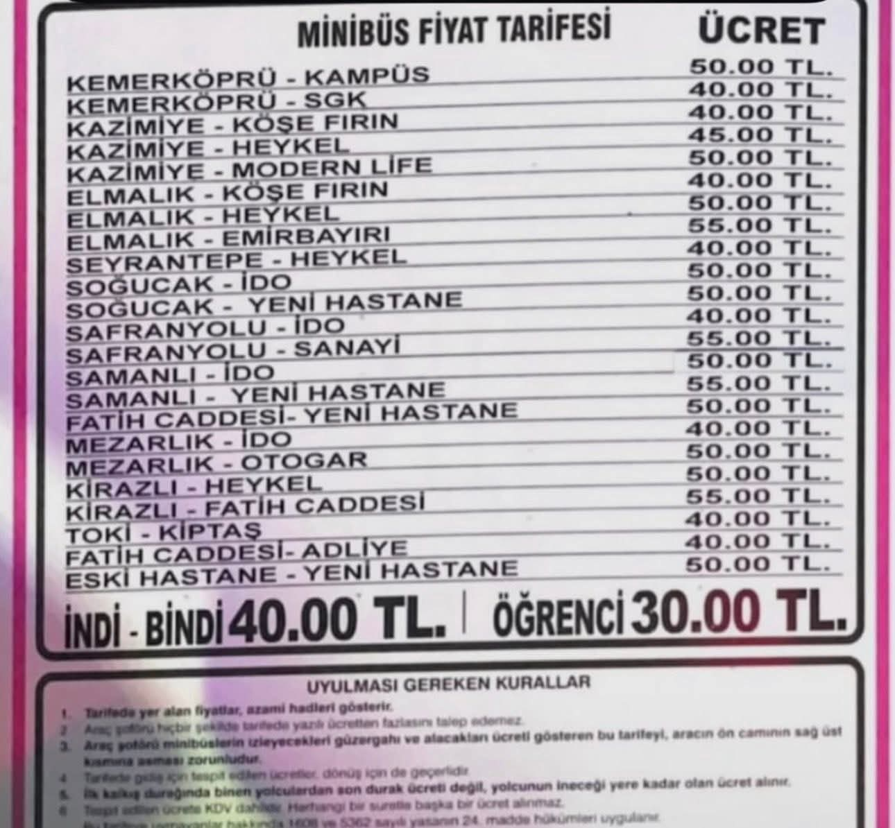 Yalova’da Minibüs Ücretlerine Büyük Zam