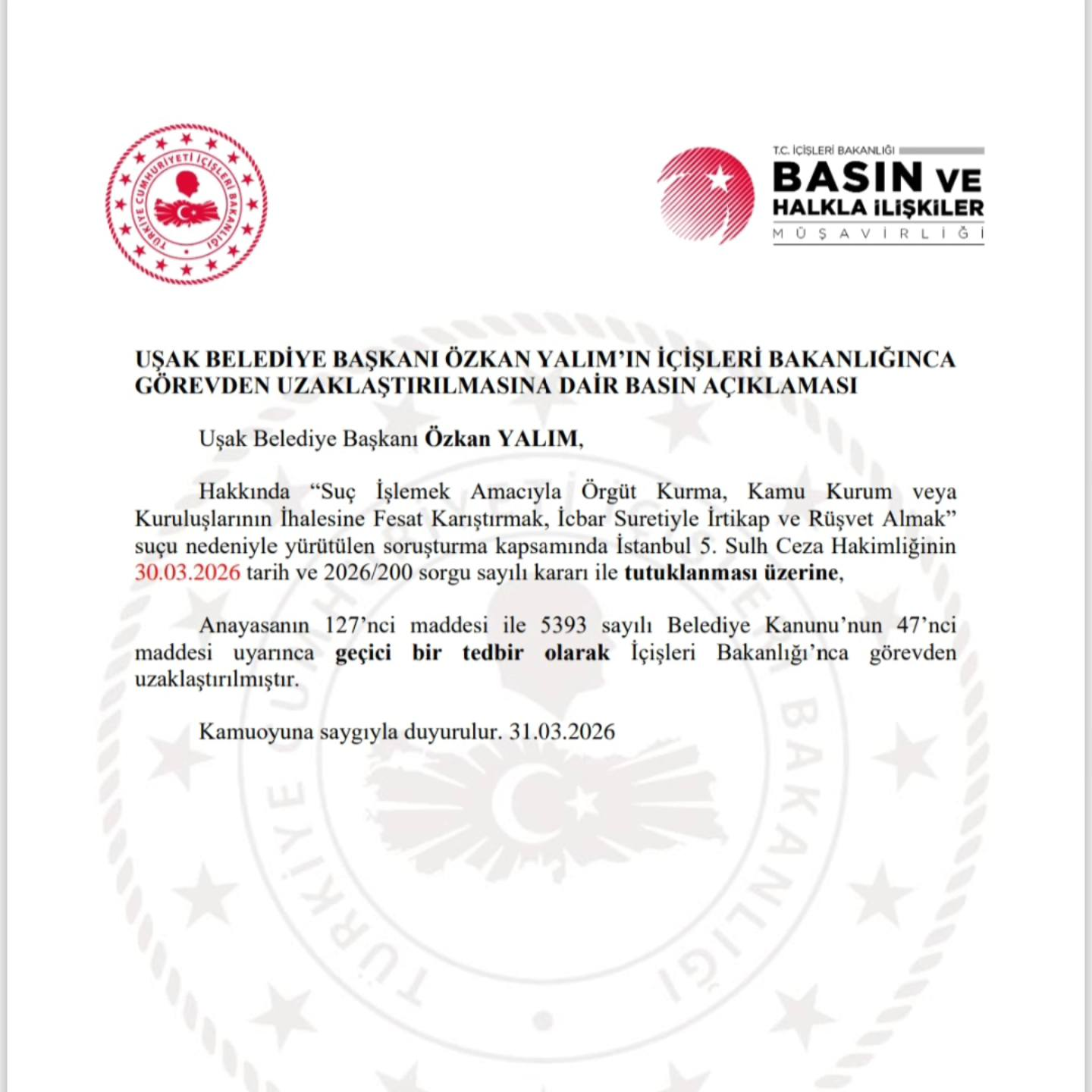 Uşak Belediye Başkanı Özkan Yalım Görevden Alındı