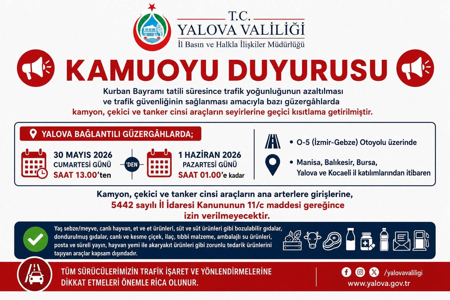 İstanbul Yönünde Ağır Vasıta Geçişine Geçici Yasak