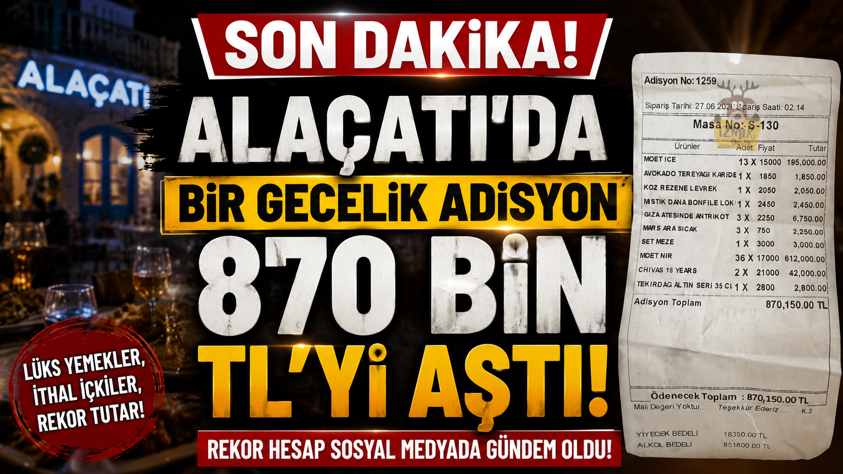 Alaçatı'da Bir Gecelik Adisyon 870 Bin TL'yi Aştı