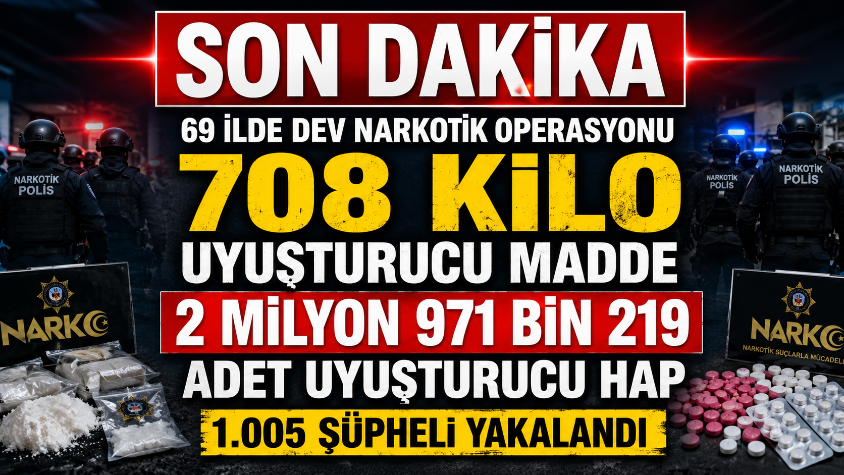 69 İlde Dev Narkotik Operasyonu: 708 Kilo Uyuşturucu ve 2,9 Milyon Hap Ele Geçirildi